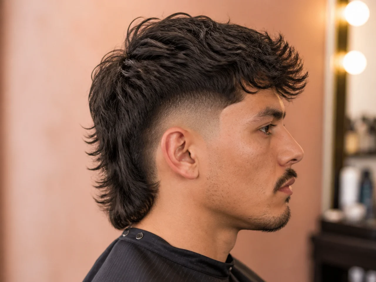 Edgar cut with burst fade mullet showing a straight-across fringe and layered back