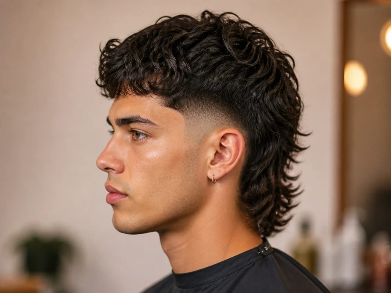 Mid burst fade mullet with the widest arc point at the temple and layered back length