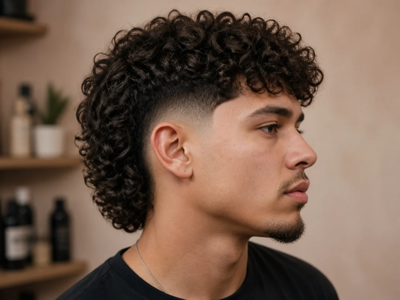 Curly top burst fade mullet on a man with type 3 curls and a defined arc around the ear