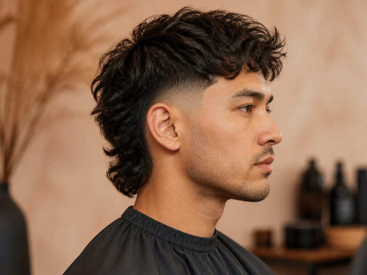 Textured top burst fade mullet with choppy point-cut top and mid arc
