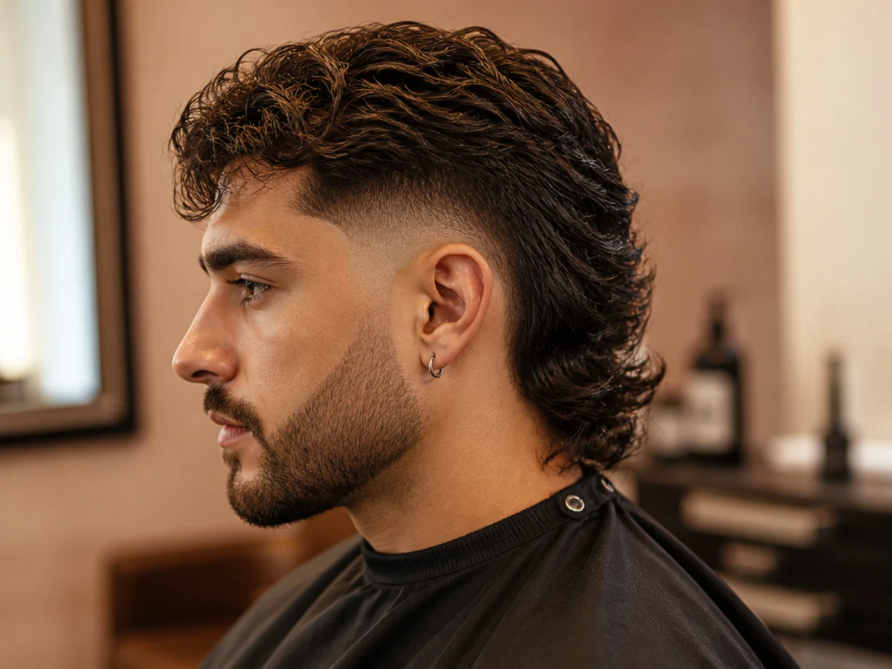 Wavy hair burst fade mullet with natural movement through the top and back