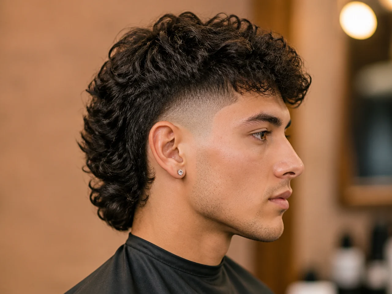 Barber and client discussing a burst fade mullet reference photo in a modern shop