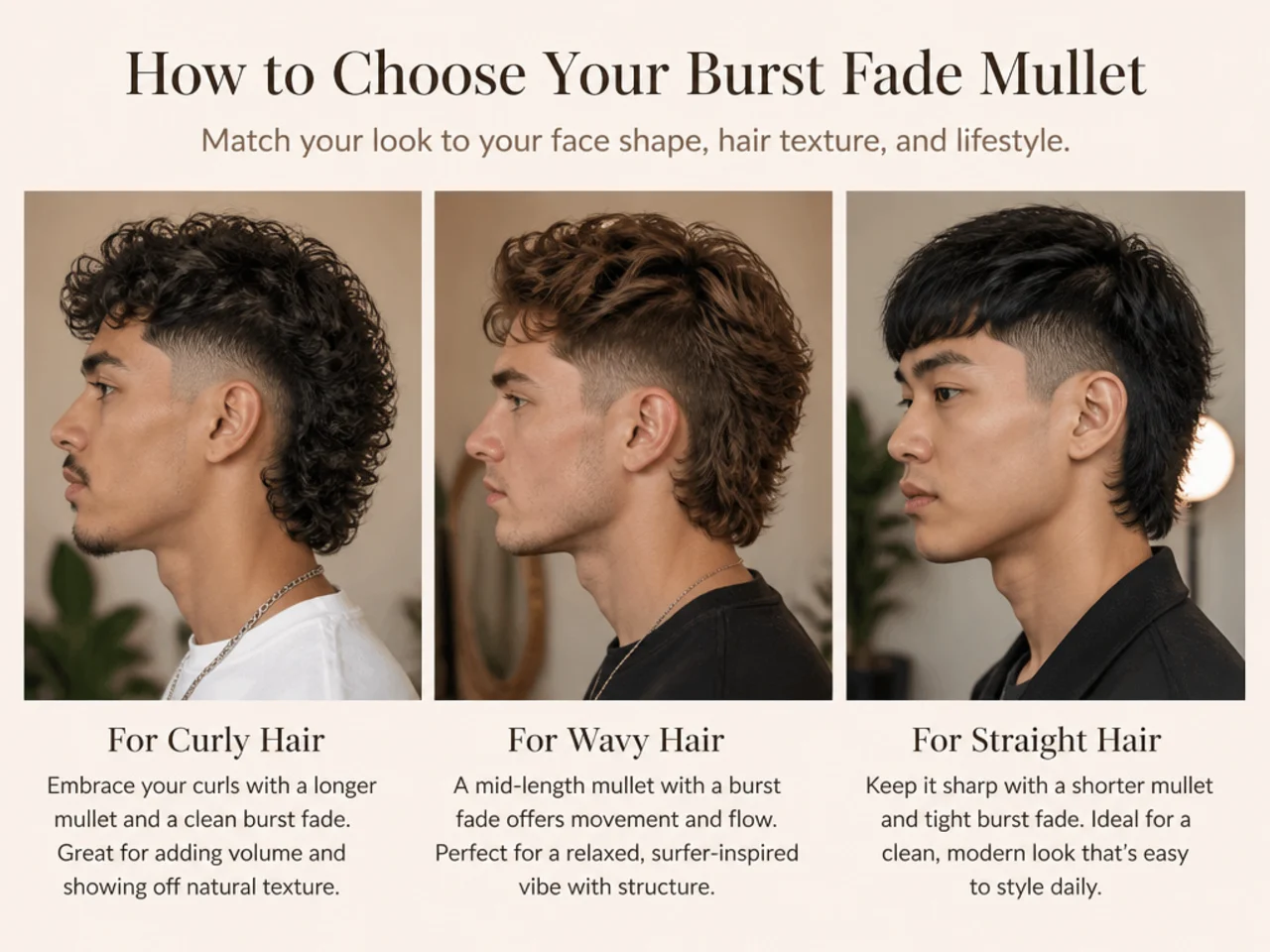 Side-by-side comparison of low, mid, and high burst fade mullet variations on three models
