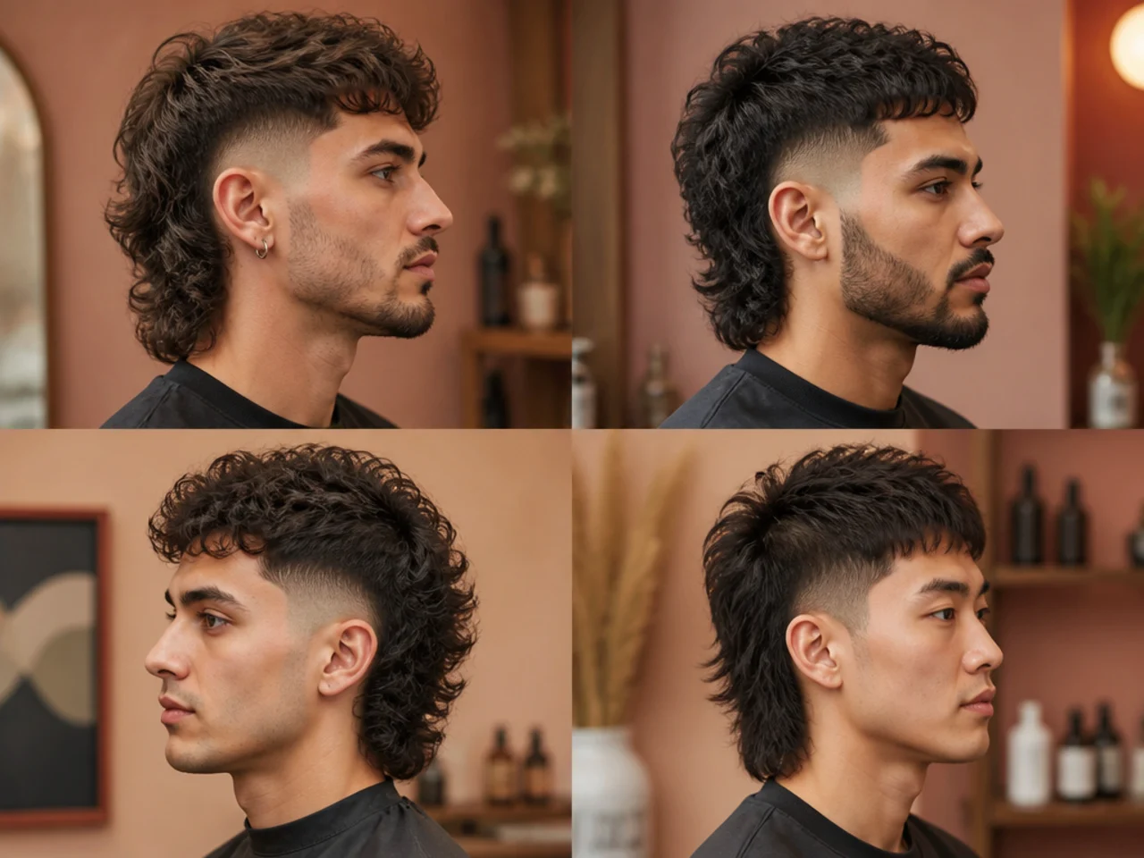 Styling products and tools laid out for a burst fade mullet routine — clay, sea-salt spray, blow dryer