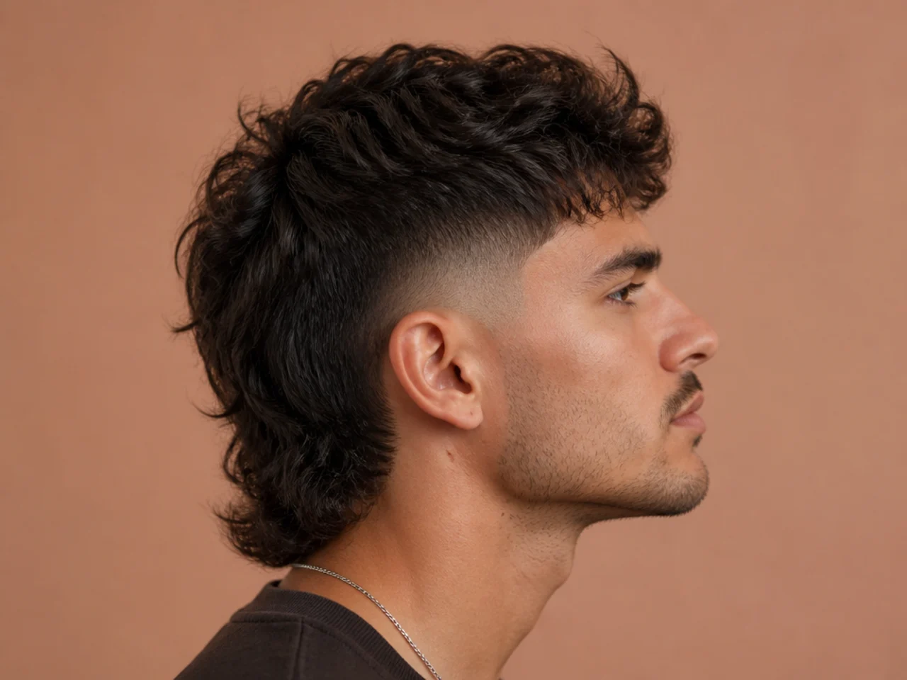 Diagram-style photo of a burst fade mullet showing the arc around the ear and the layered back length