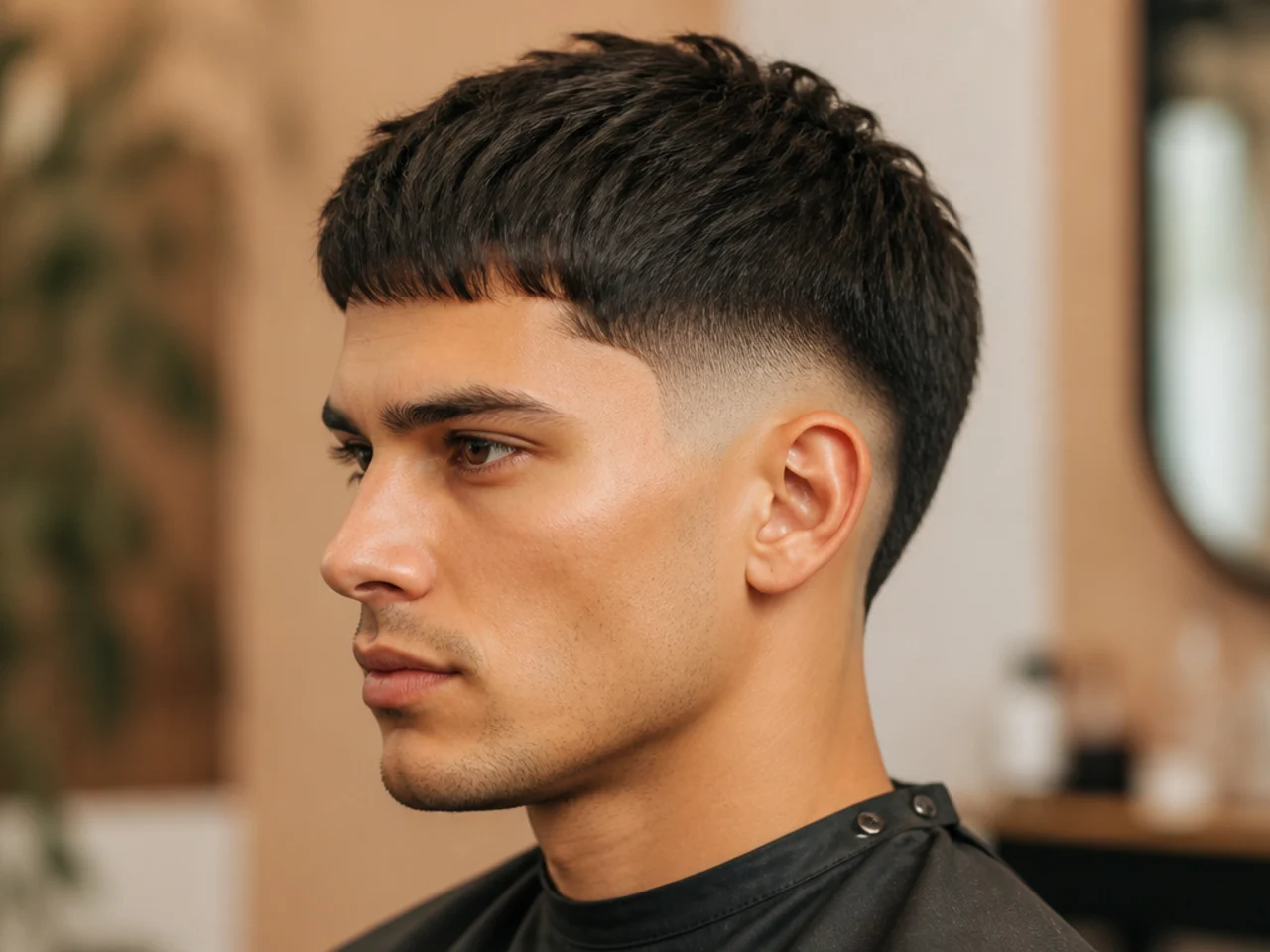 Caesar cut with a burst fade