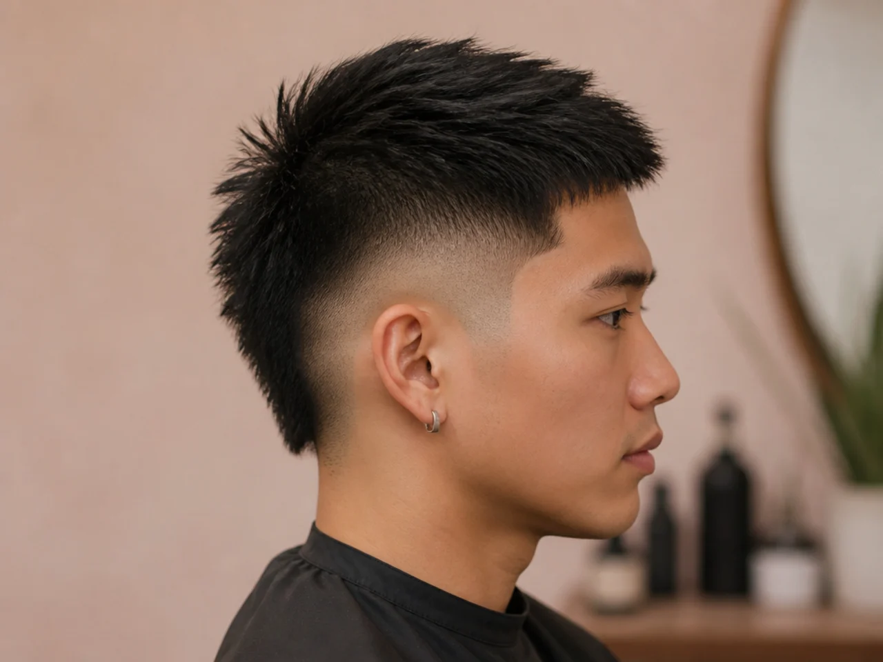 Short burst fade on Asian hair with a dense cropped top