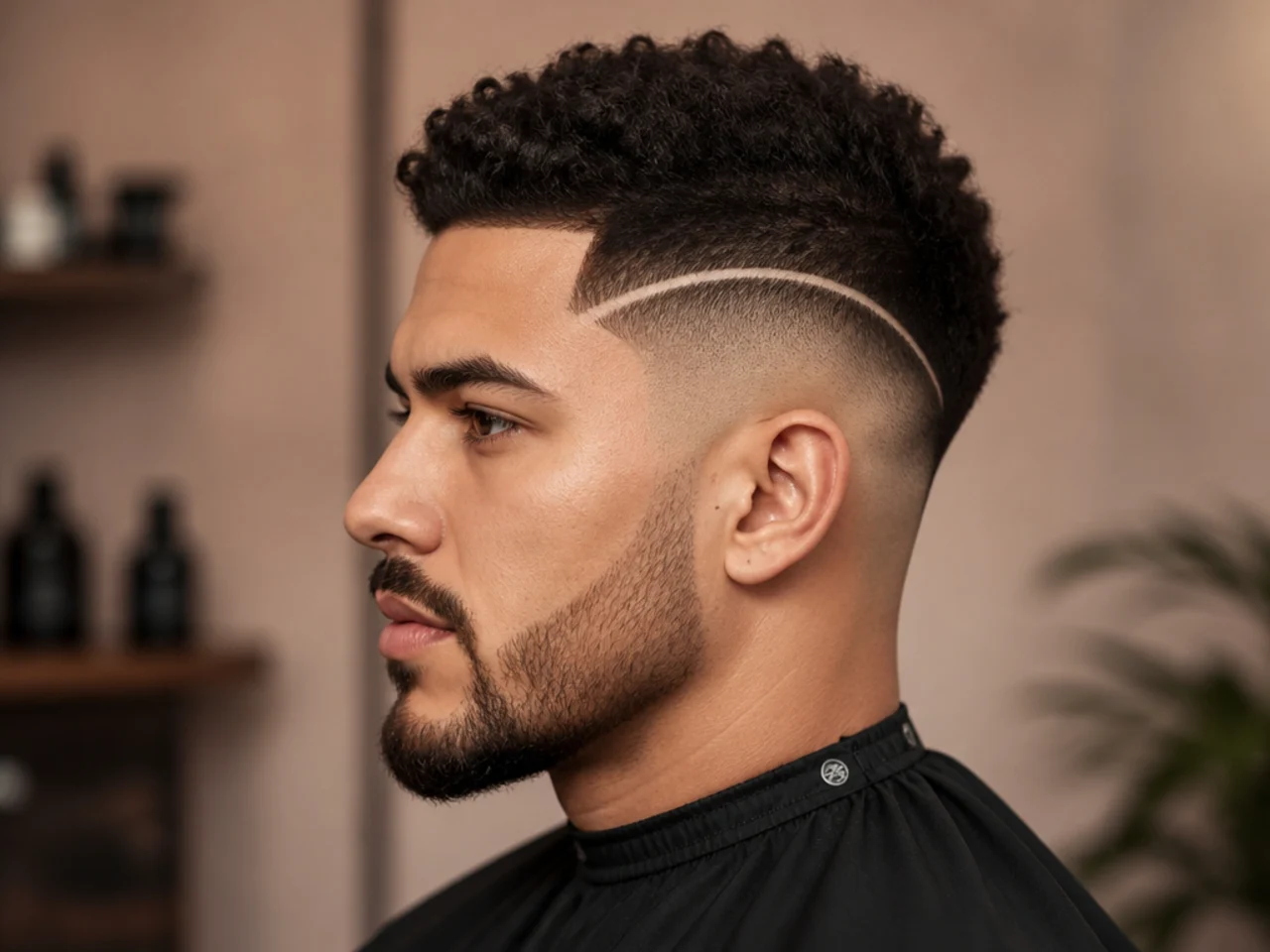 Short burst fade with a single line design at the temple