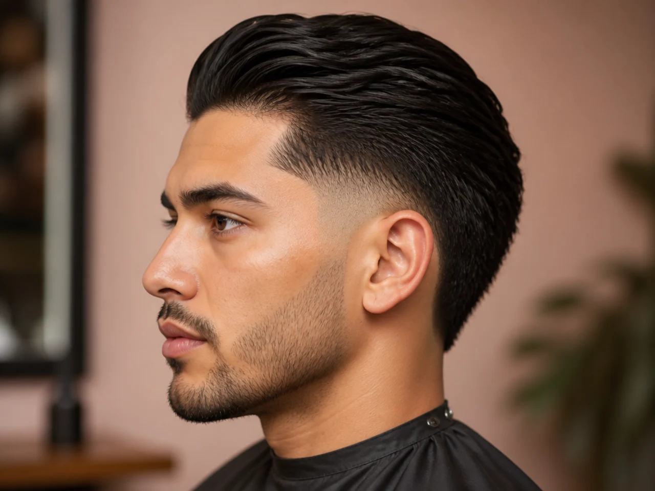 Short slick back with a burst fade