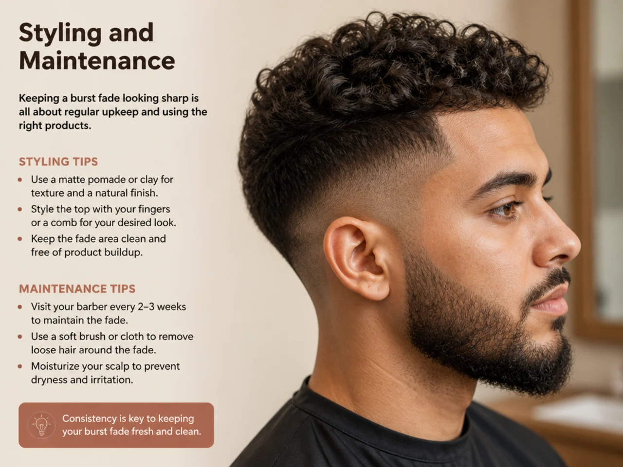 Styling and maintenance for a short-hair burst fade