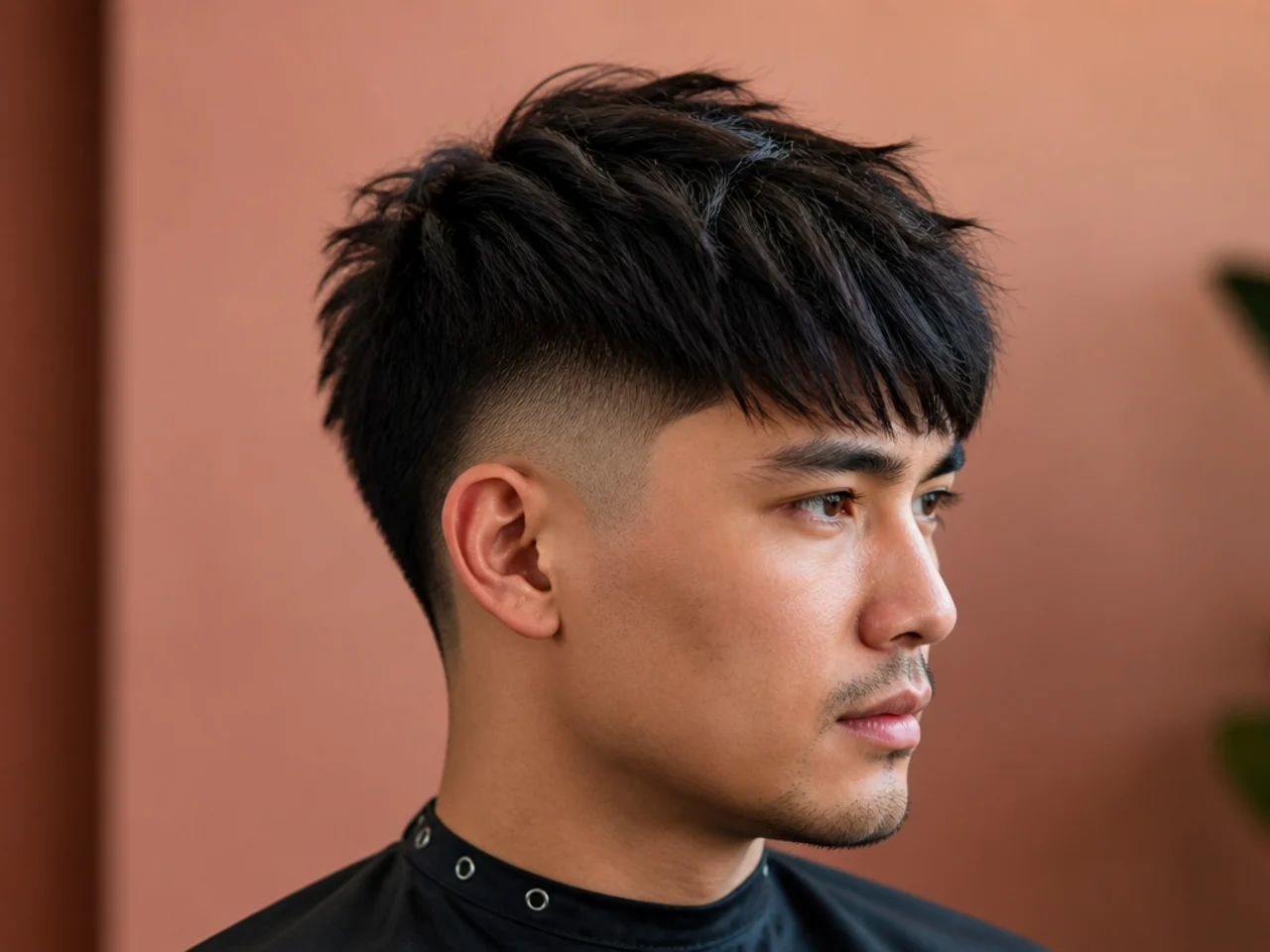 Burst fade with a chopped textured fringe pushed forward on straight hair