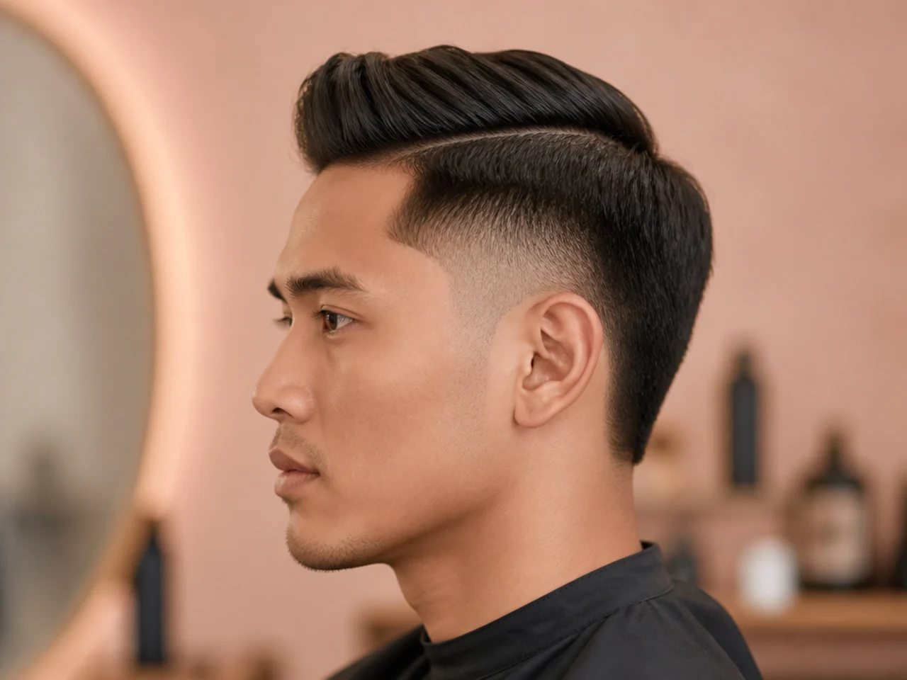 Burst fade with a classic comb over on straight brown hair with a hard scissor part