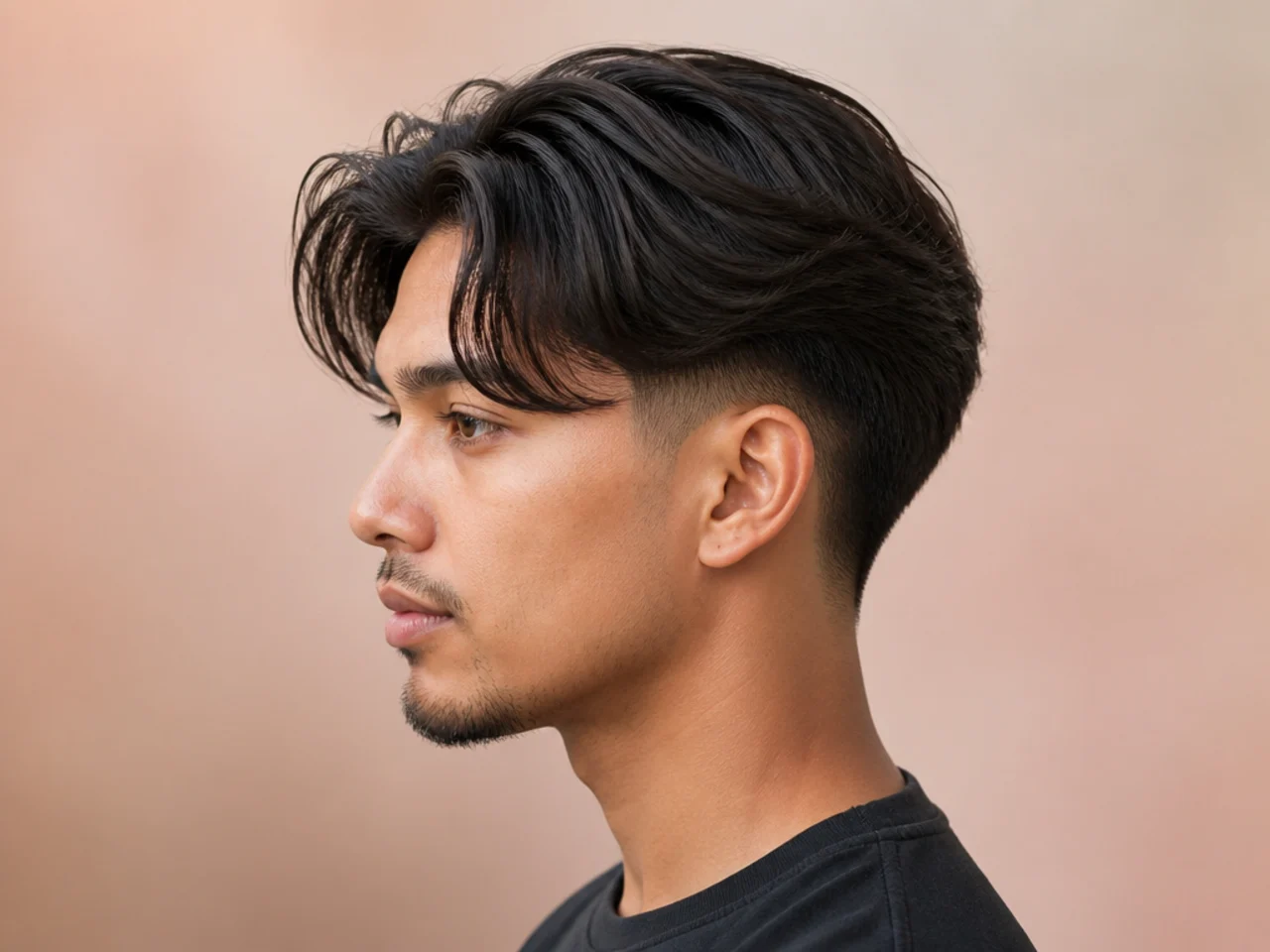 Burst fade with a long-top modern curtain on straight hair parted center and swept to both sides