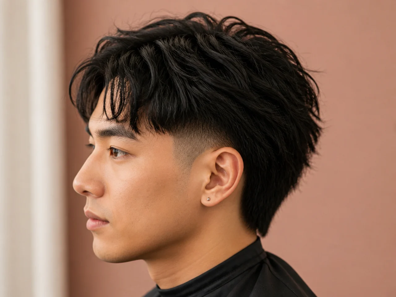 Burst fade with Korean-style comma bangs curving into the forehead on straight black hair