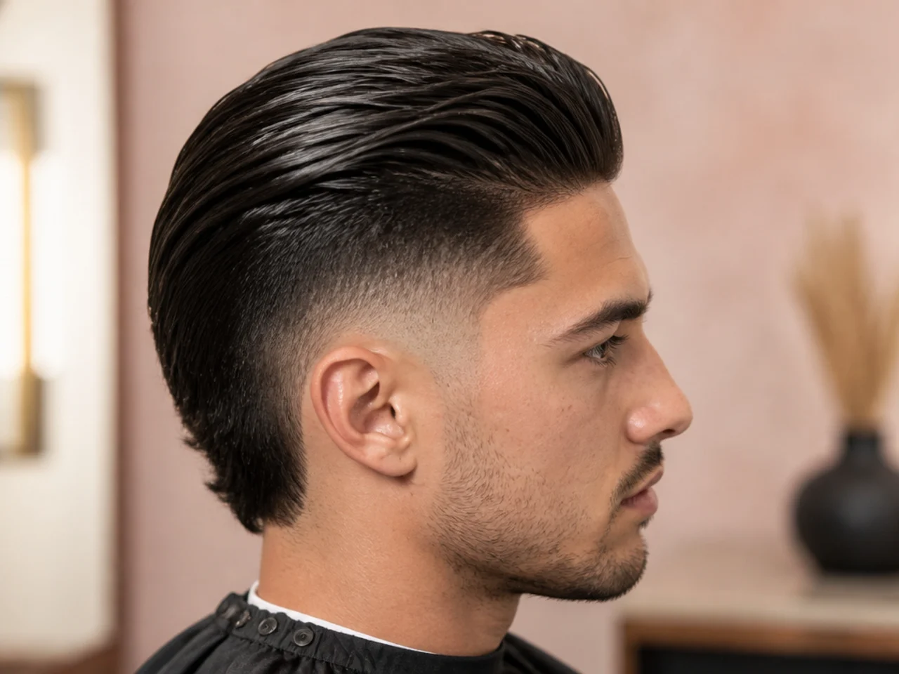 Burst fade with a long-top slick back on thick straight hair combed straight back