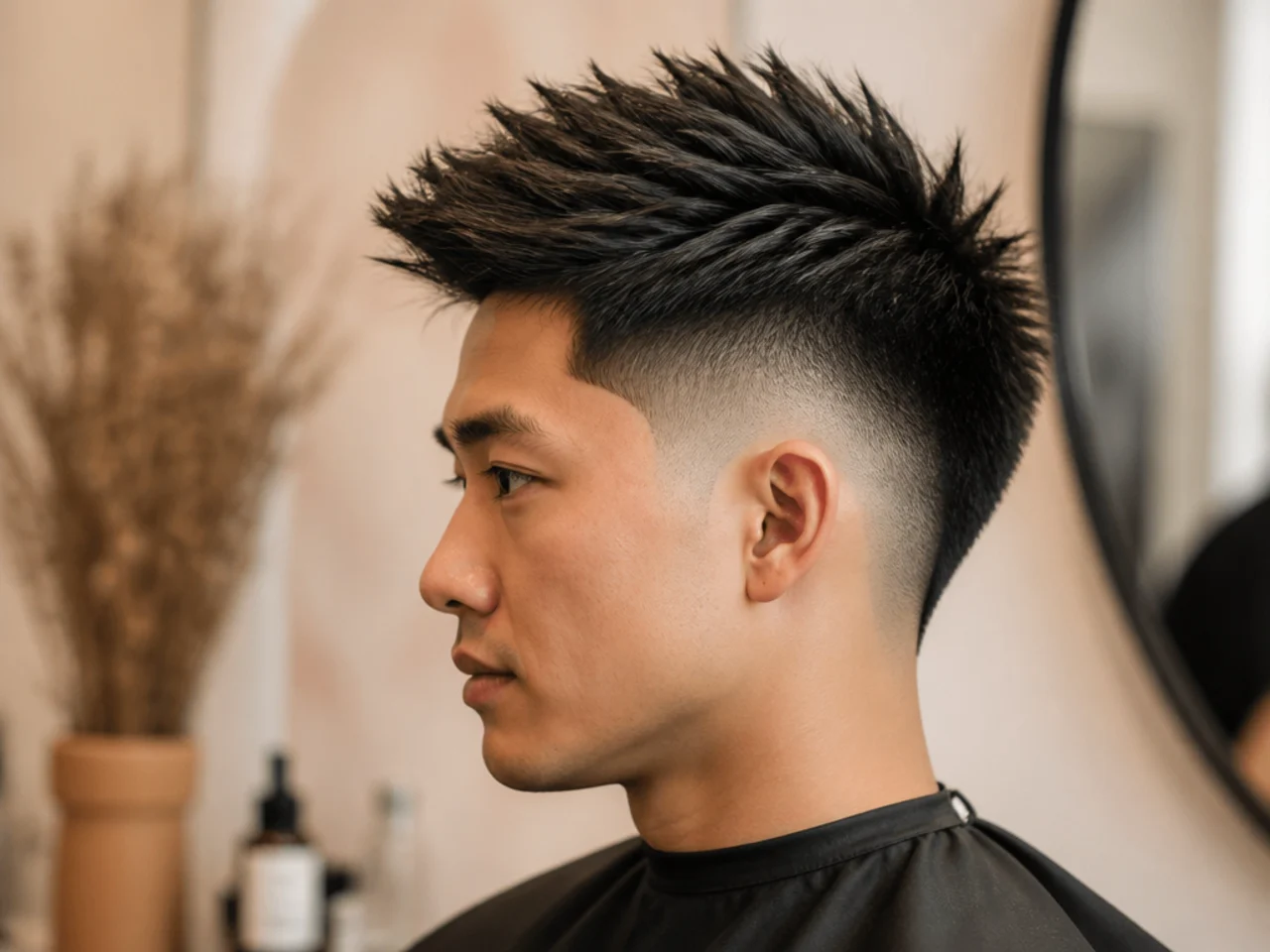 Burst fade with a spiky textured top on medium-length straight hair styled upward