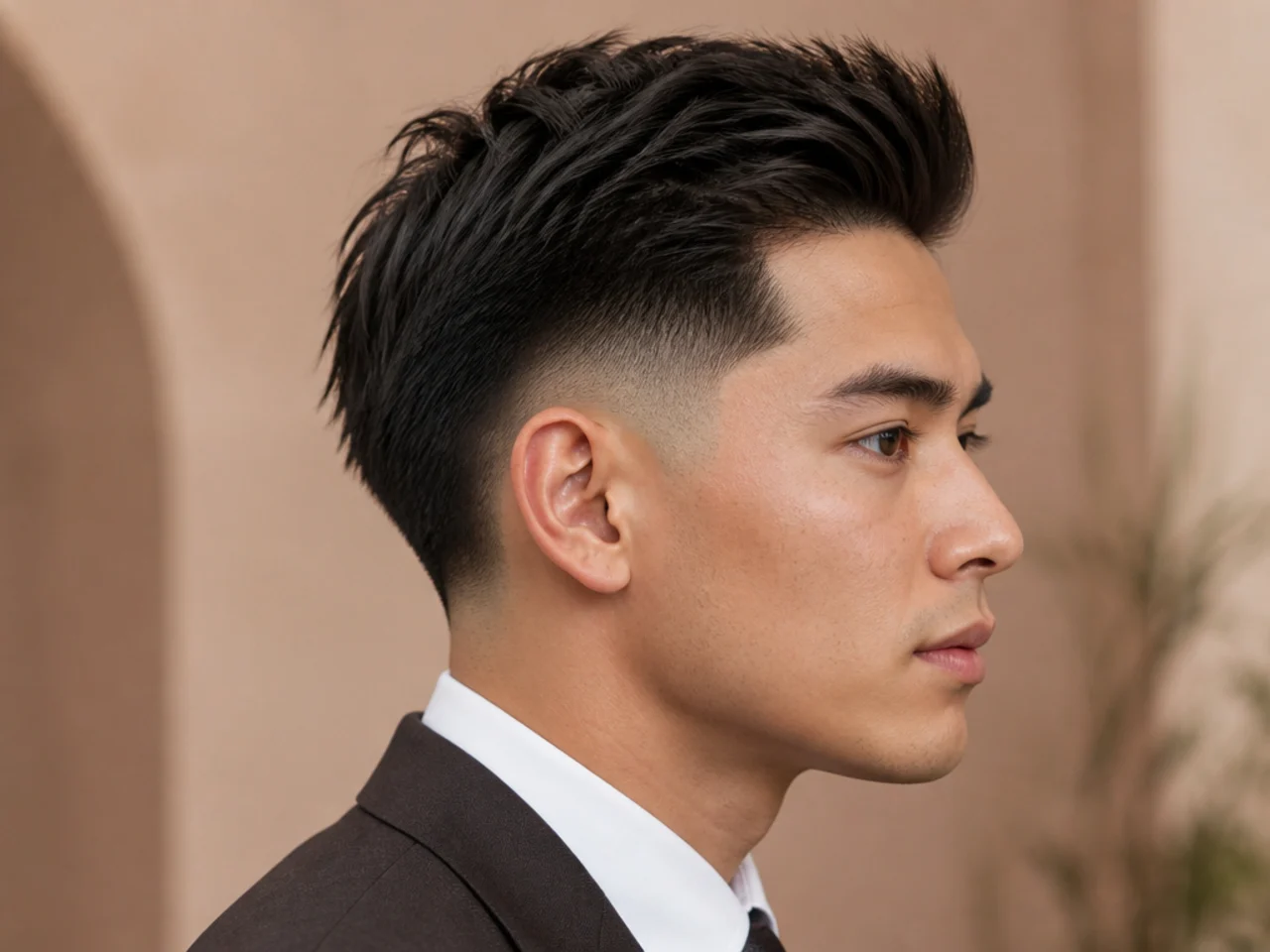 Executive burst fade with a conservative side-parted top on straight hair in a professional setting