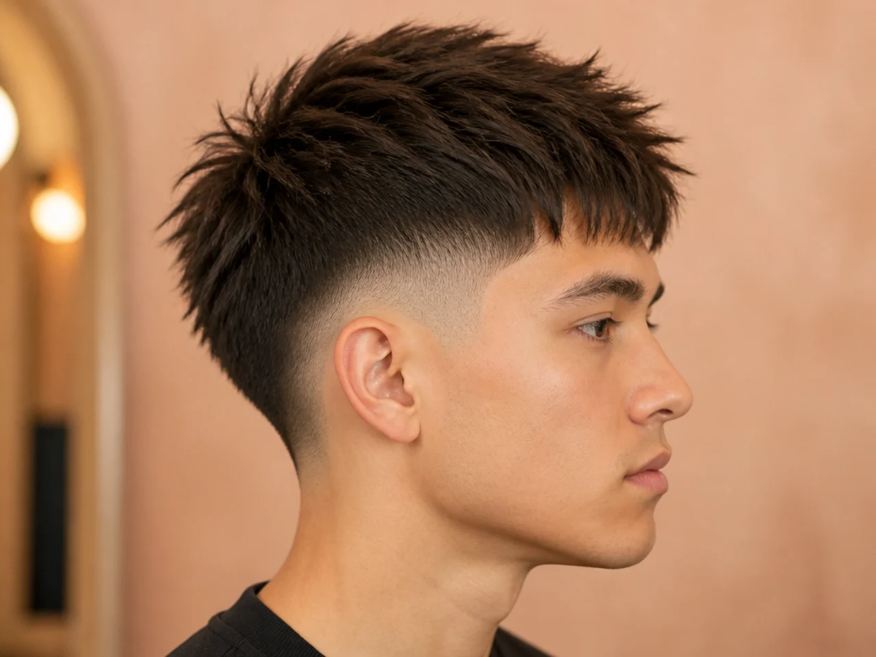 Piecey burst fade on fine straight hair with visible point-cut separation and matte texture