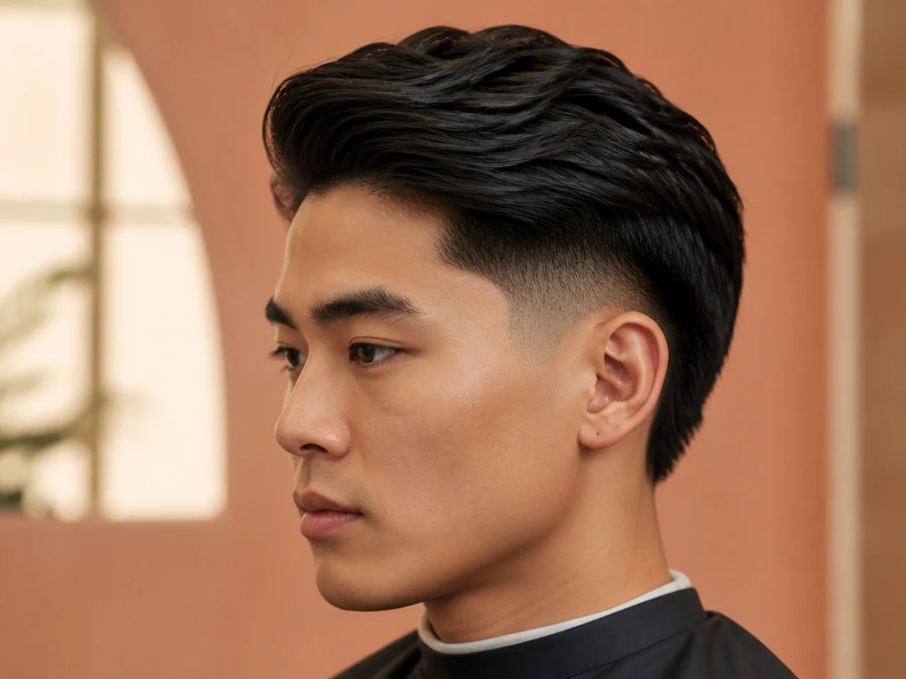 Low burst fade with a soft side sweep on medium-length straight hair