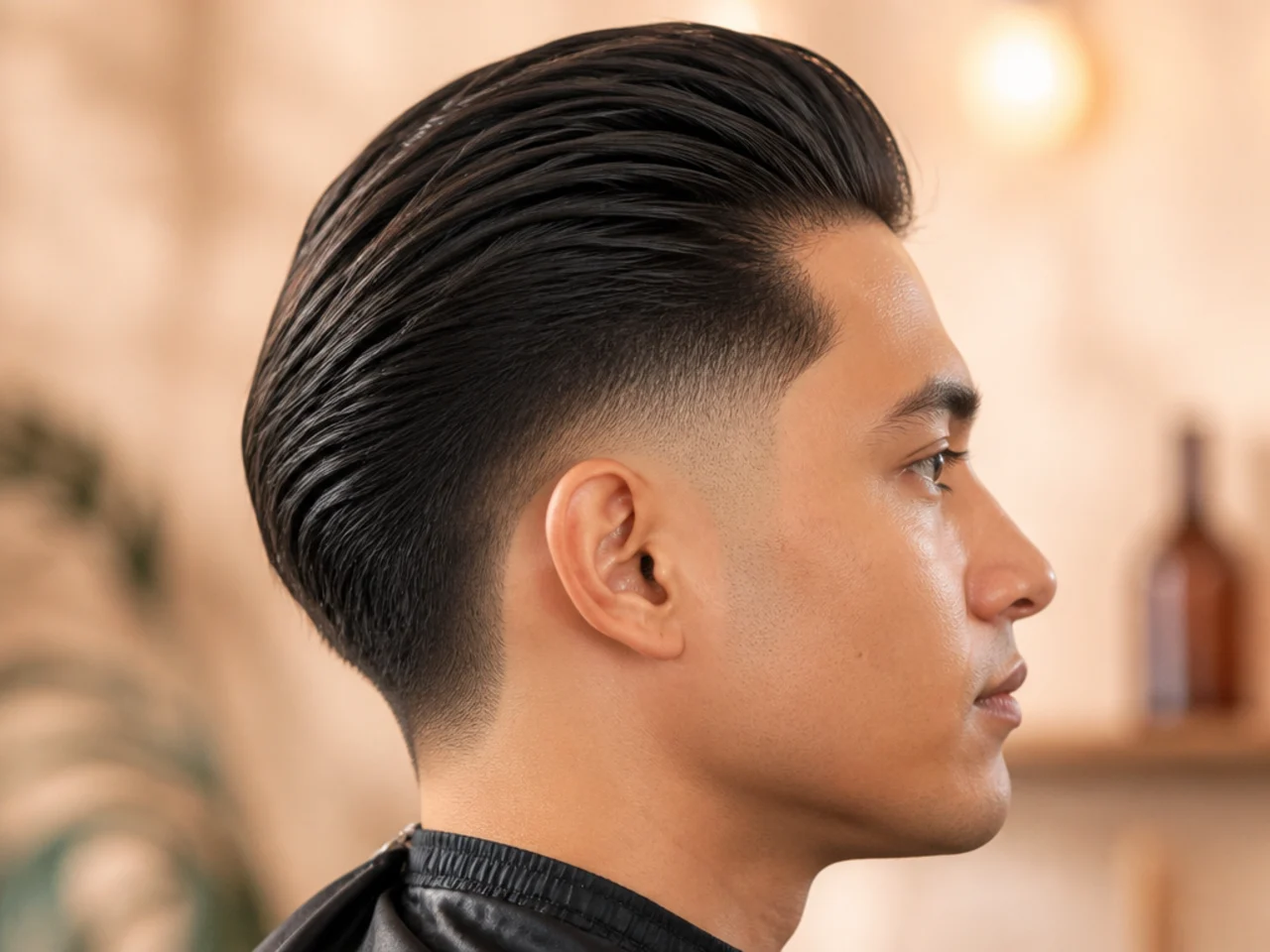 Burst fade with a sleek slick back on medium-length straight hair with polished shine