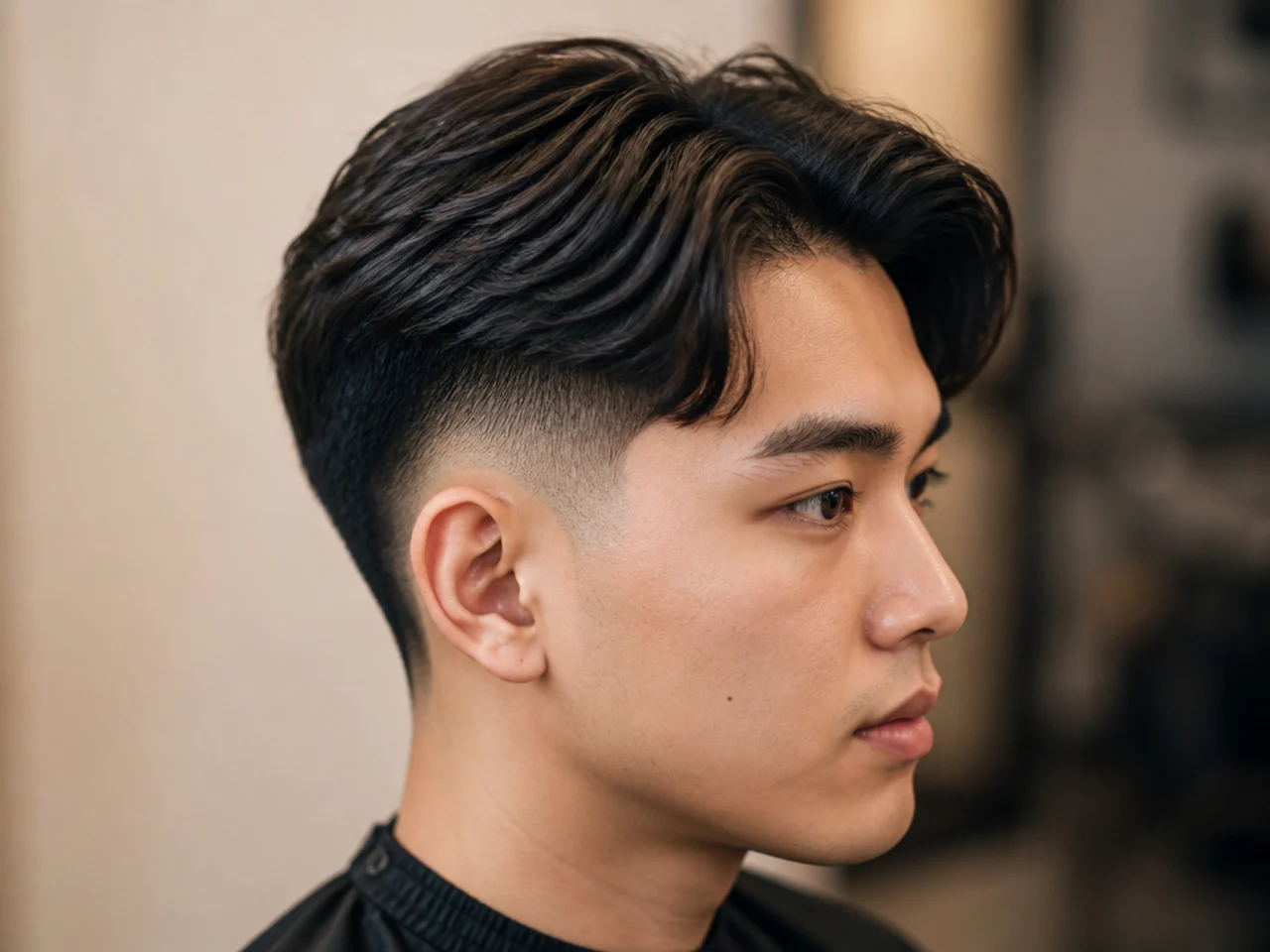 Burst fade with a soft middle part on straight brown hair falling to both sides
