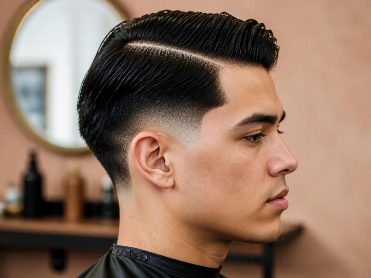 High burst fade with a slick scissor-carved side part on straight black hair