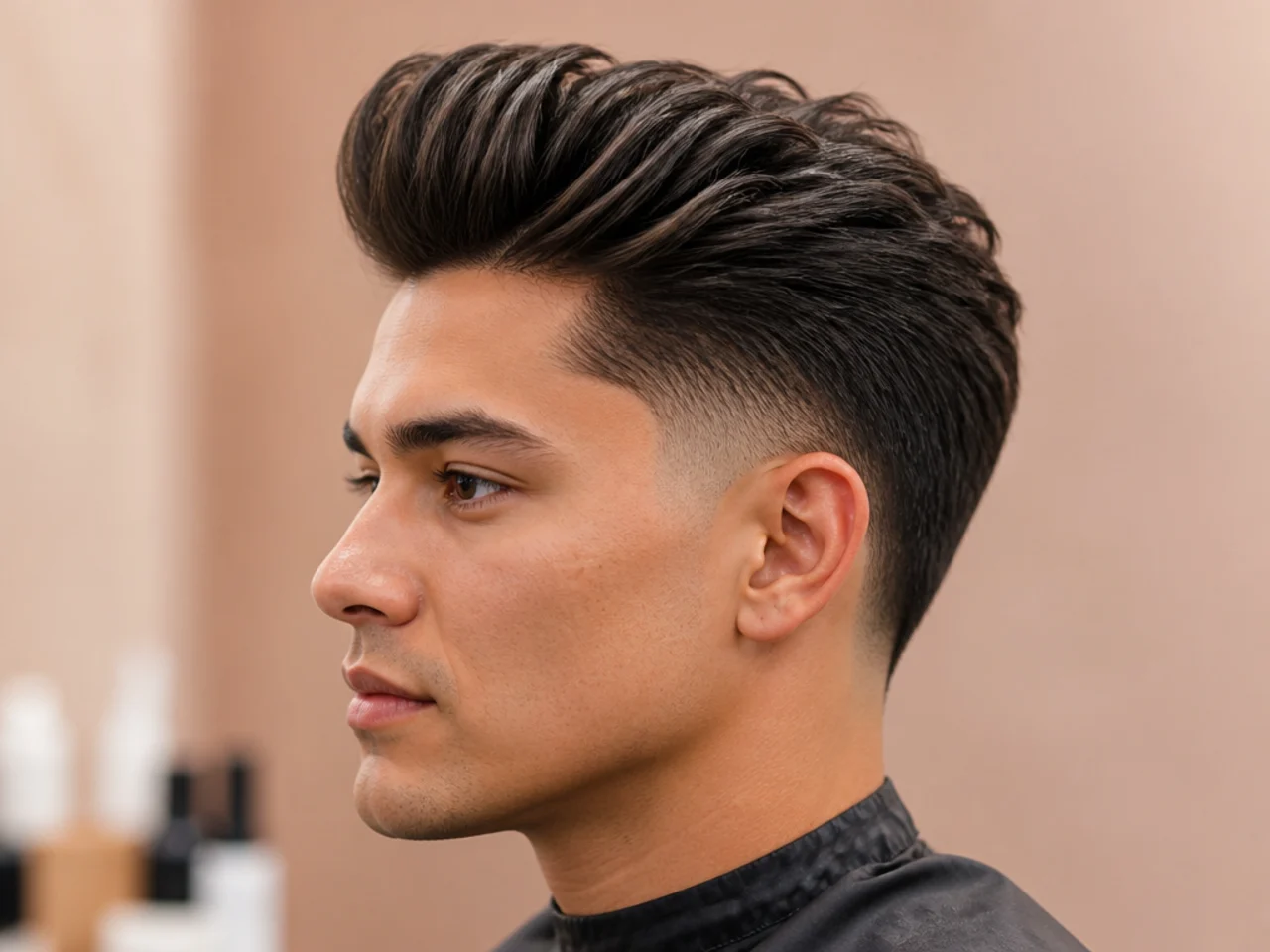 Burst fade with a blowout quiff on thick straight hair pushed up and forward