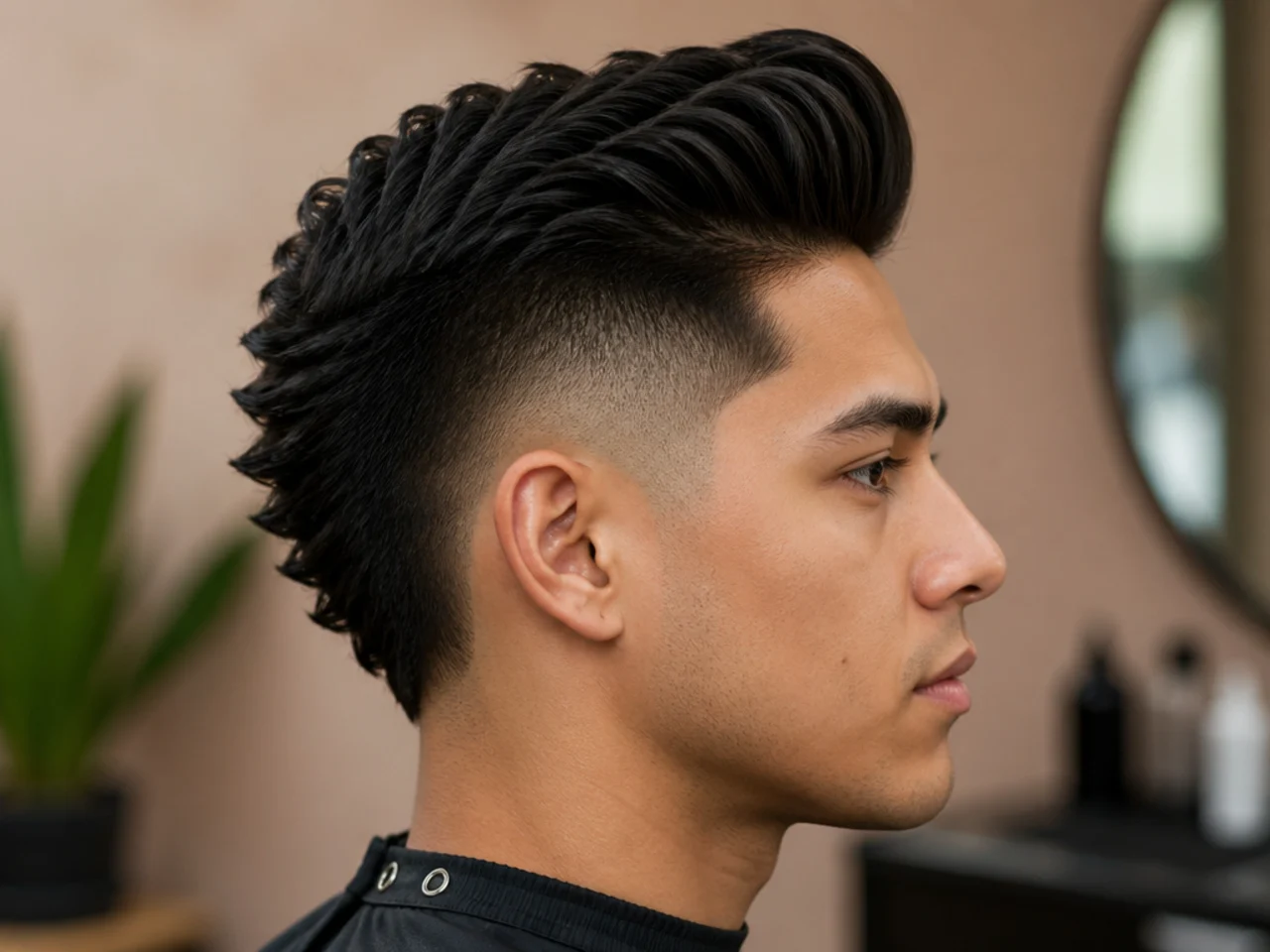 Burst fade pompadour on thick straight dark hair with tall front volume swept back