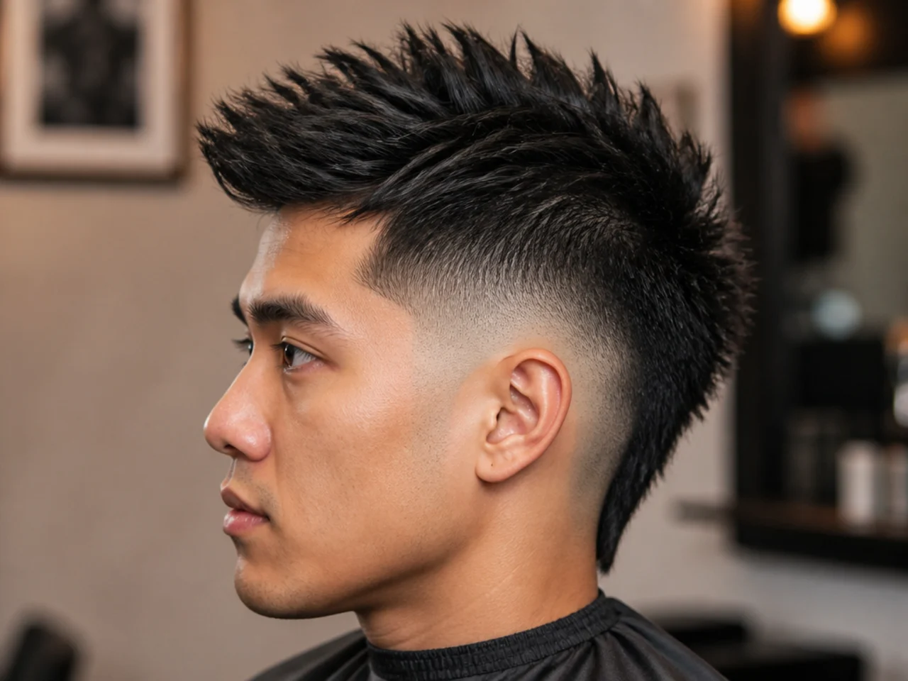 Burst fade faux hawk on straight hair with centered upward lift and clean arcs on both sides