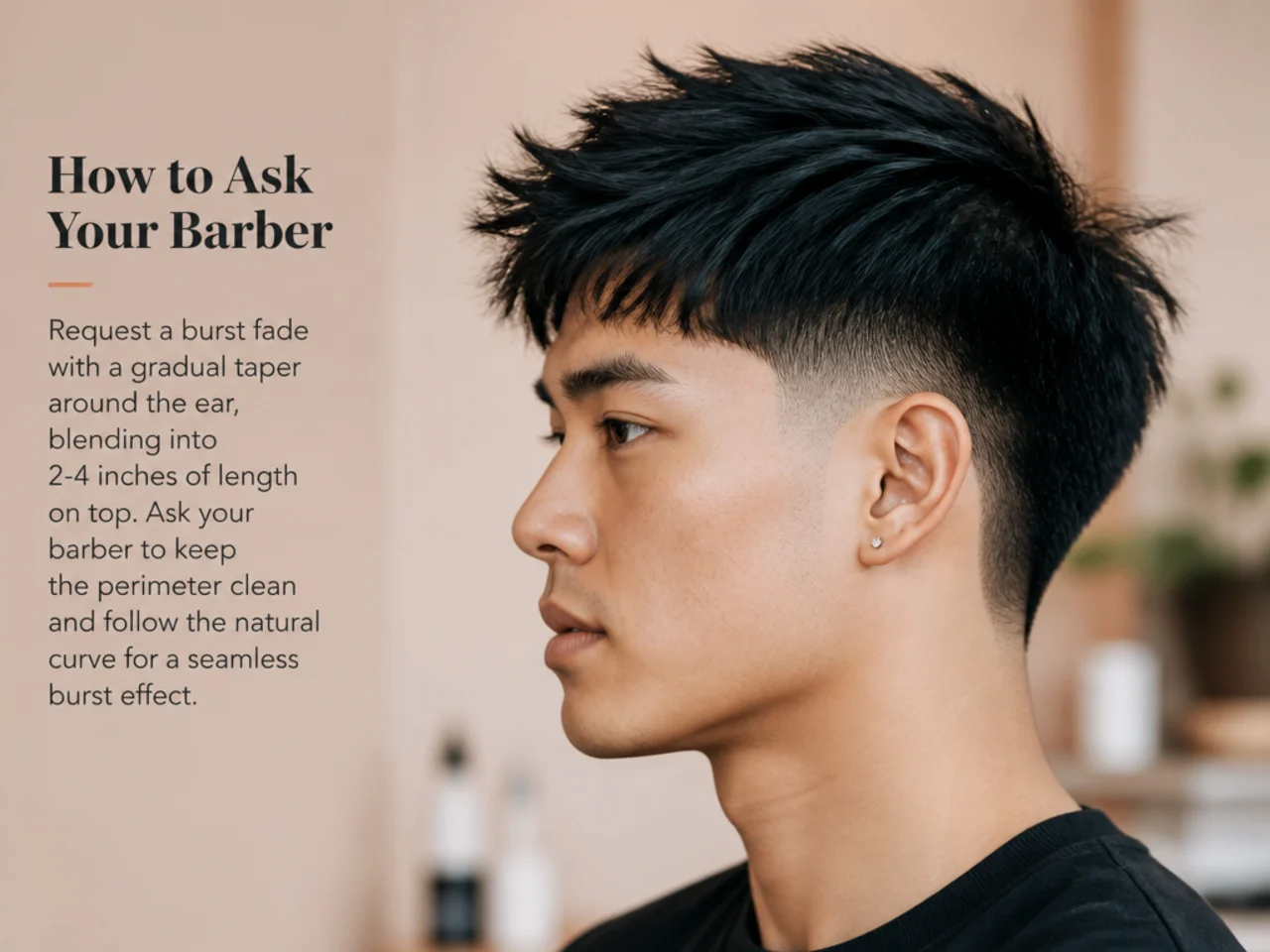 Barber holding up a reference photo of a burst fade for a client with straight hair during consultation