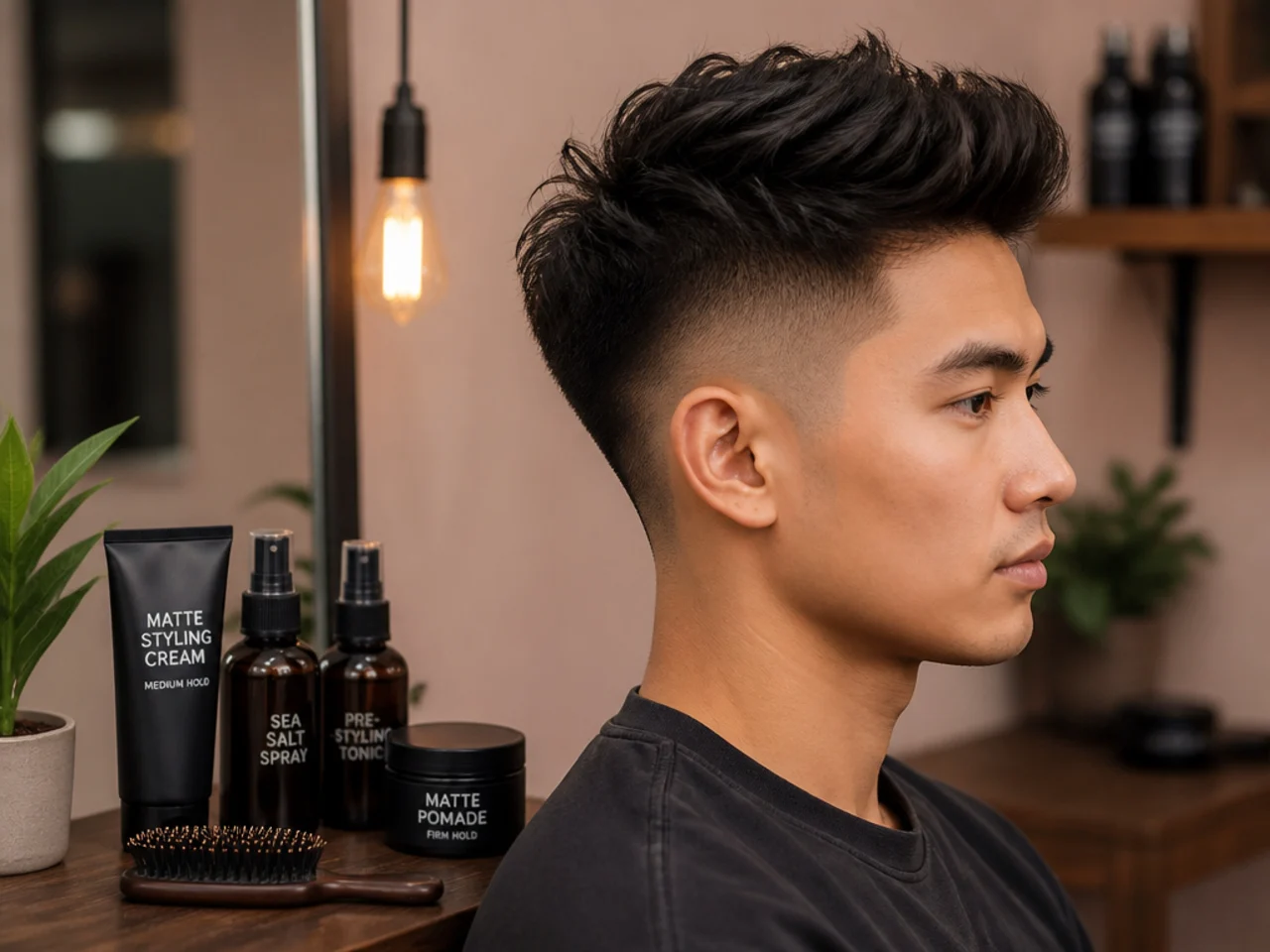 Flat lay of styling products and tools for a burst fade on straight hair — mousse, matte clay, sea salt spray, texture powder, blow dryer, round brush