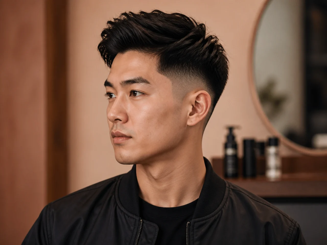 Man styling a burst fade at home with a blow dryer and product on straight hair in front of a bathroom mirror
