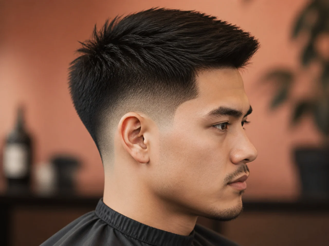 Side profile of a mid burst fade on straight dark hair with a clean arc curving around the ear