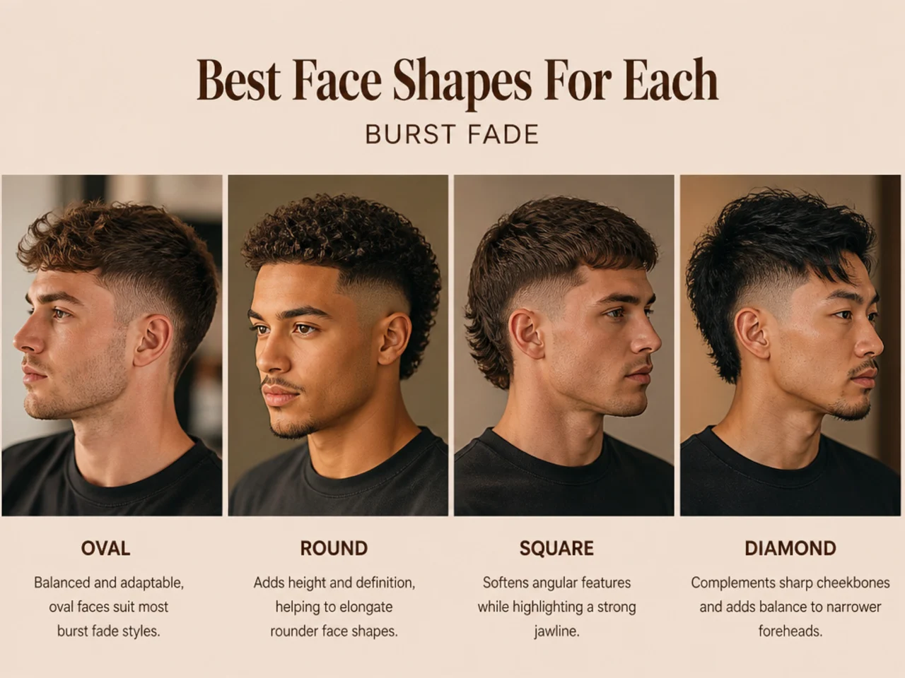 Face shape guide showing which faces suit a burst fade versus a taper