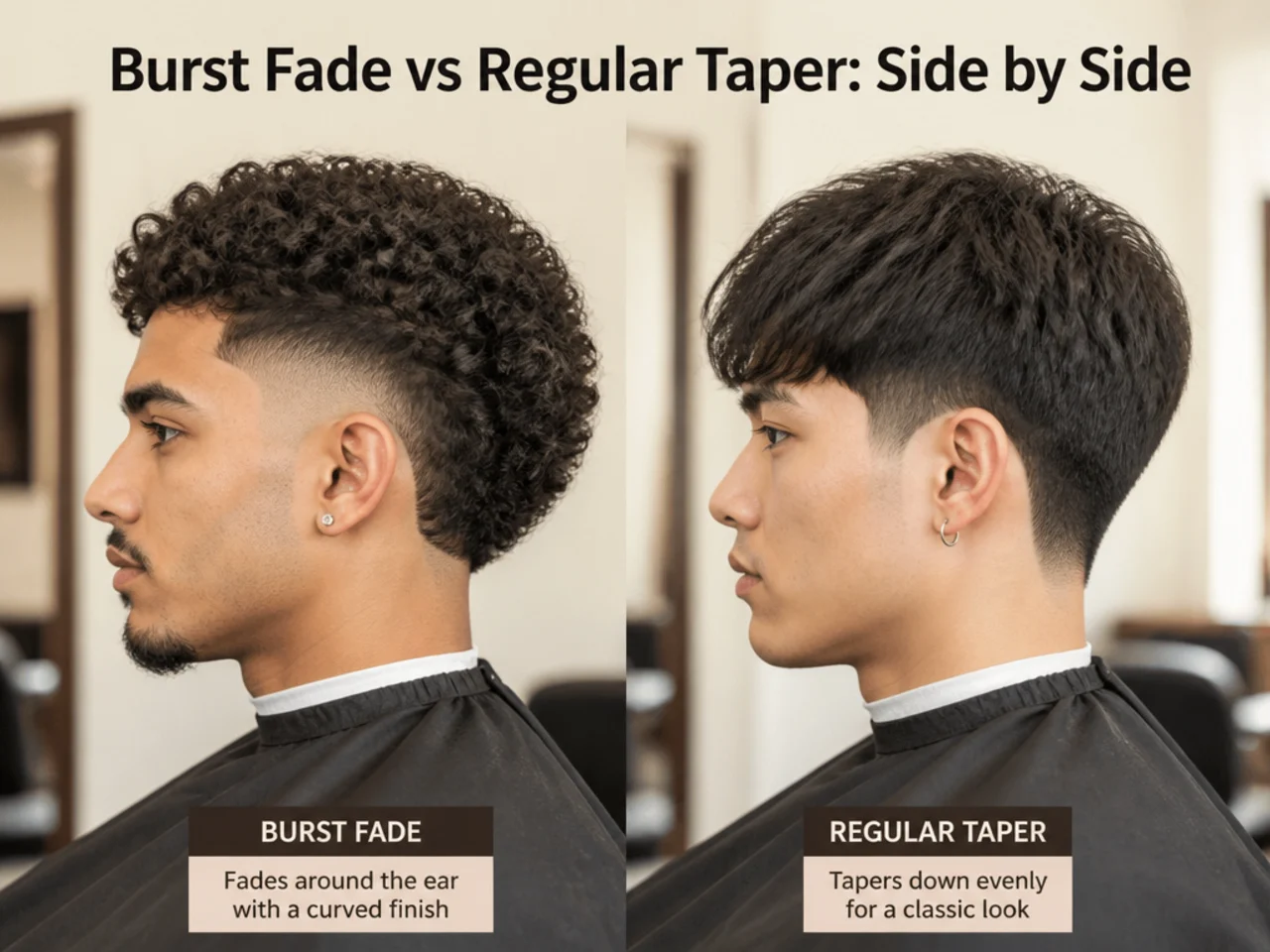 Side-by-side visual comparison of a burst fade and a regular taper
