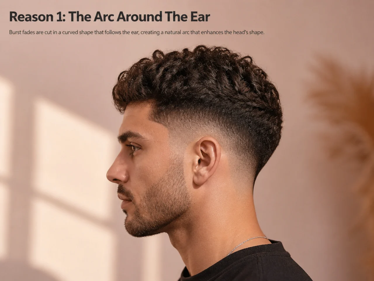 Close-up of a burst fade semicircle arc around the ear