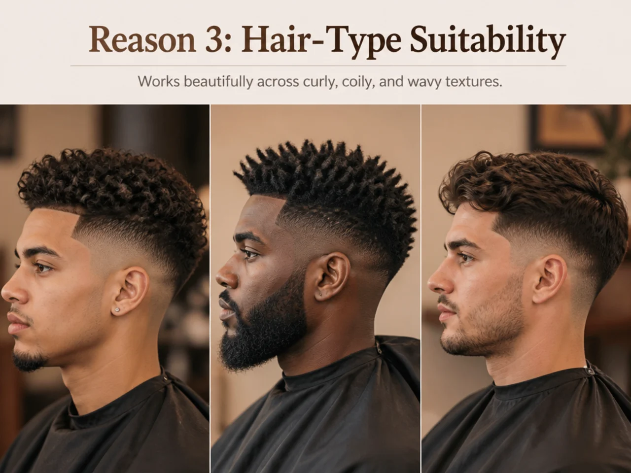 Burst fade on curly hair showing arc echoing the coil pattern