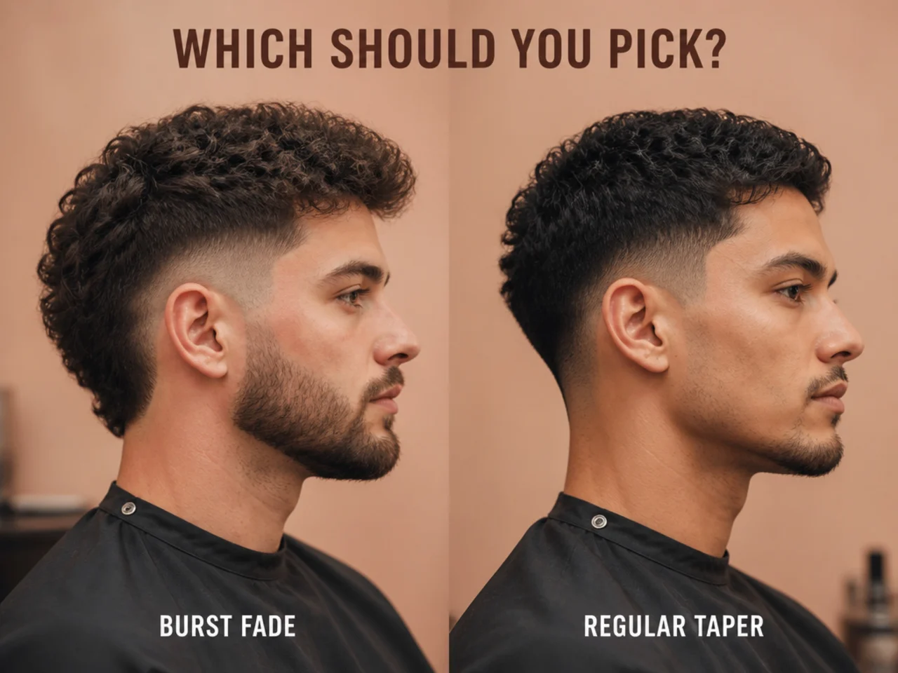 A barber holding two reference photos — burst fade on the left, low taper on the right