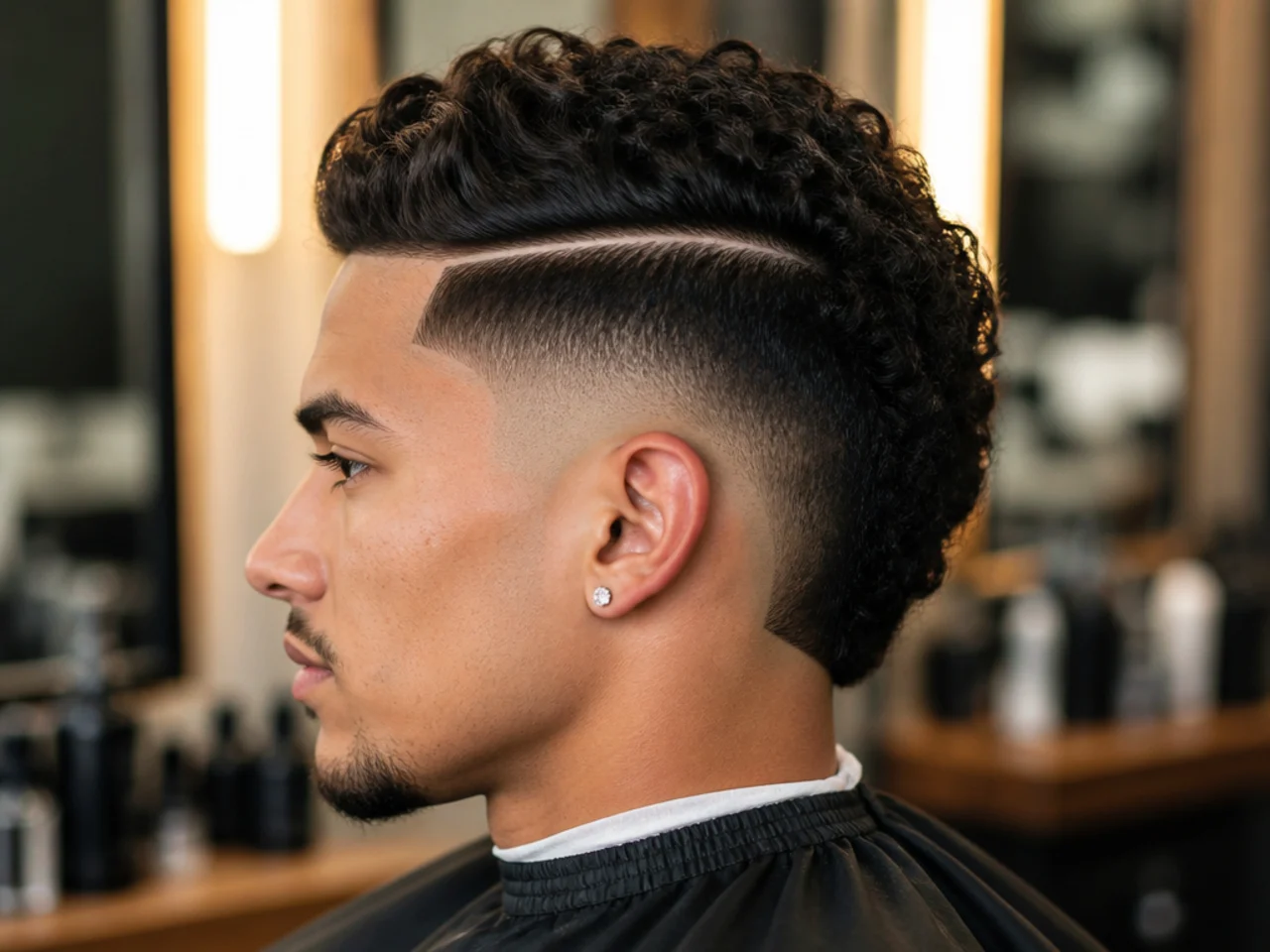 Burst fade with a razored hard part above the arc
