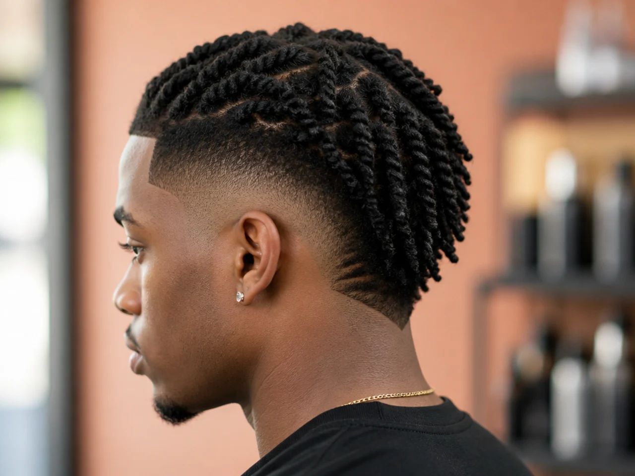 Burst fade with two-strand twists behind the arc