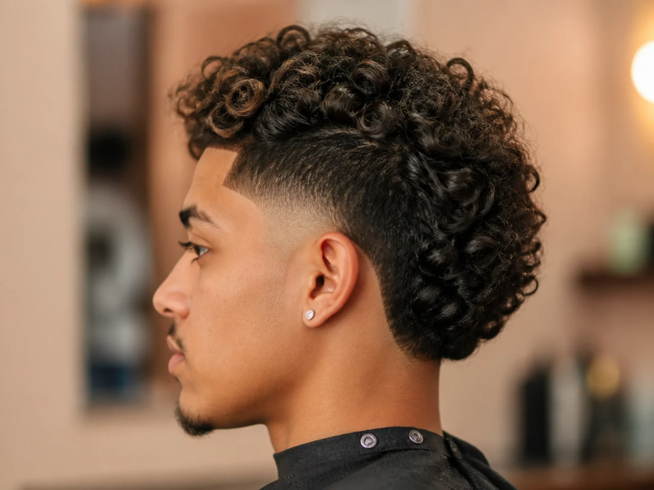 Burst fade with full curls behind the arc