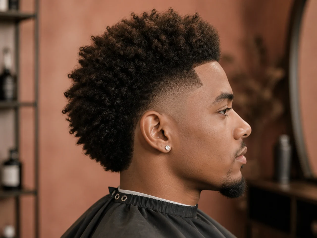 Burst fade on coily hair with volume retained behind