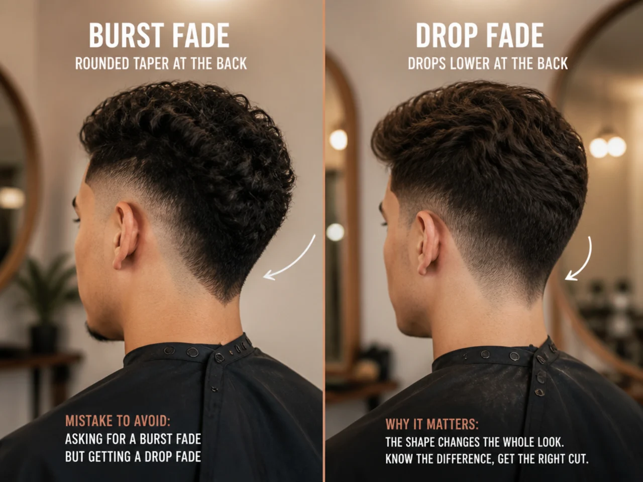 A burst fade beside a drop fade showing the difference at the back of the head