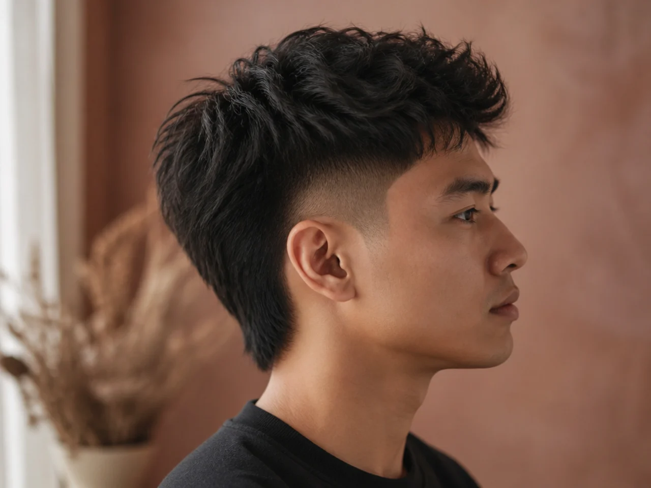 Burst taper fade on Asian hair with a layered textured top