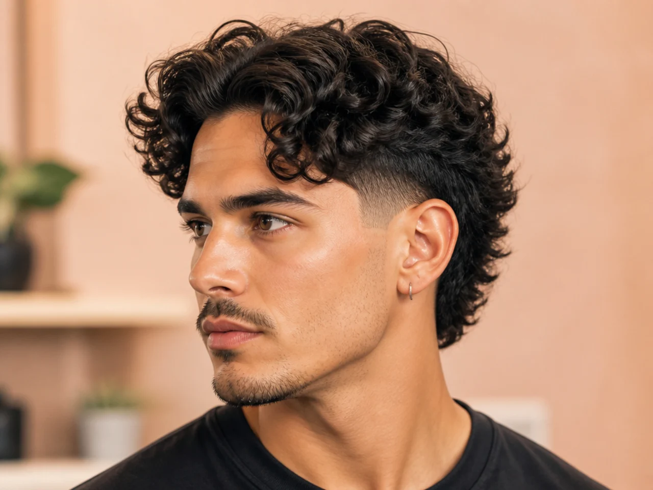 Burst taper fade with a middle part on wavy hair