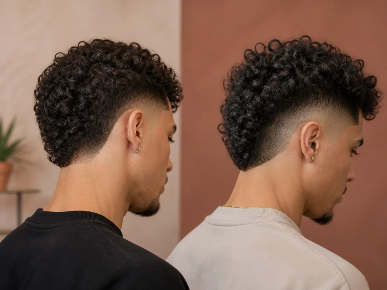 Curly hair with a drop fade and with a burst fade