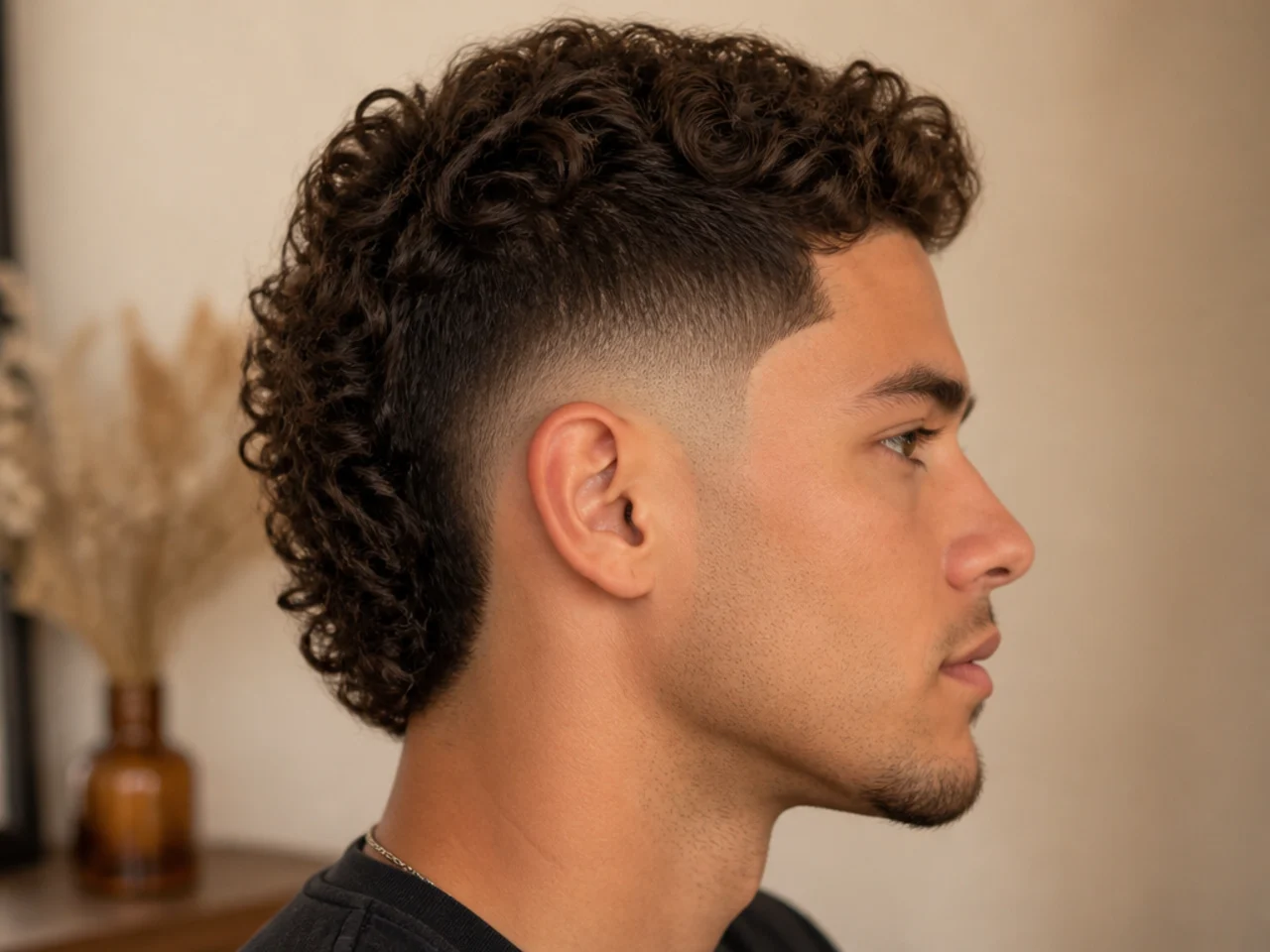 A sideburn under a drop fade and inside a burst arc