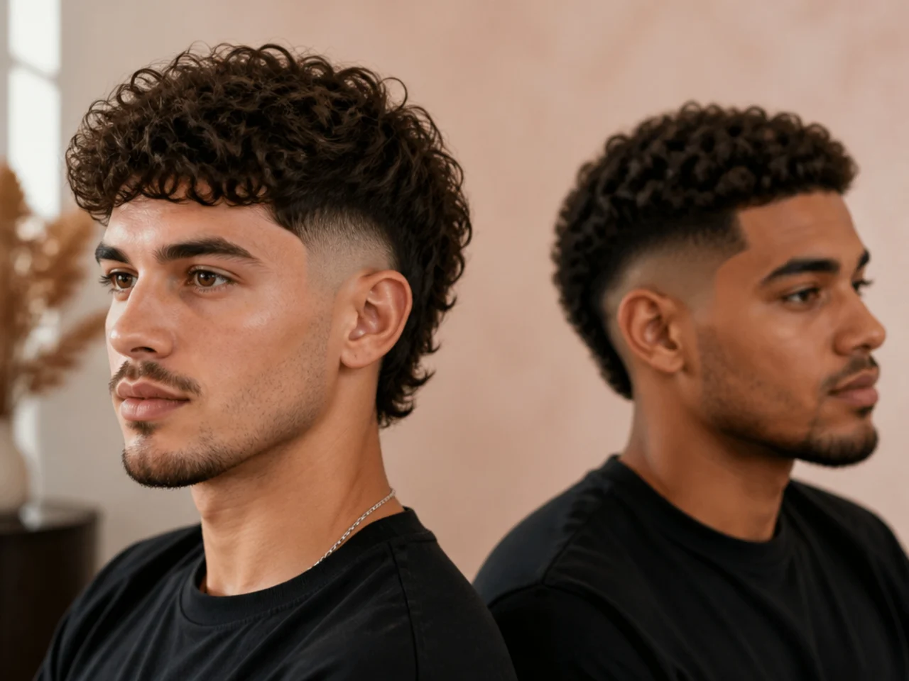 Three-quarter views of a burst fade and a drop fade