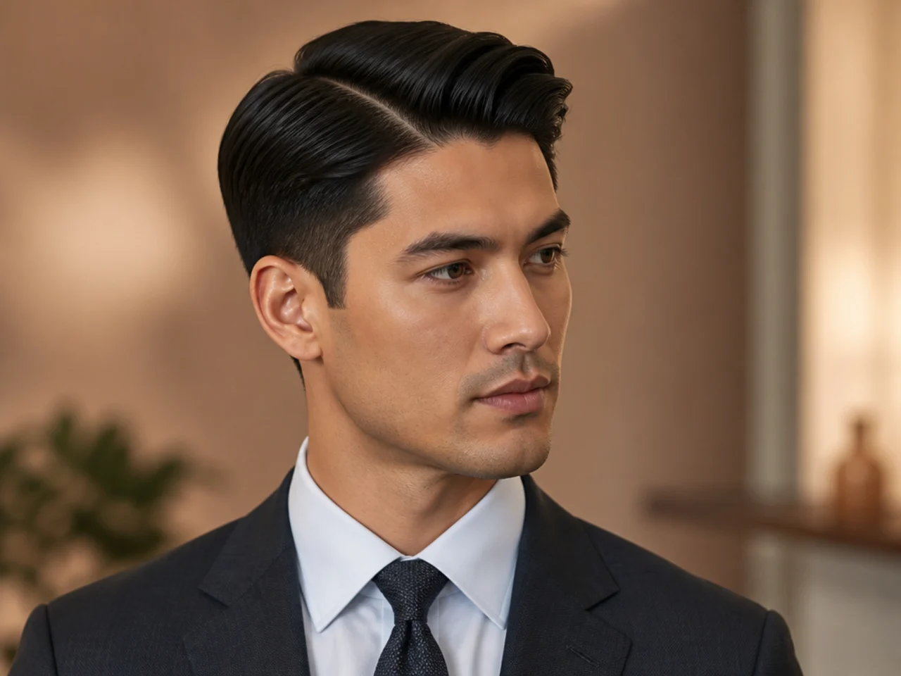 Classic executive side part on a man in a suit, scissor-tapered sides