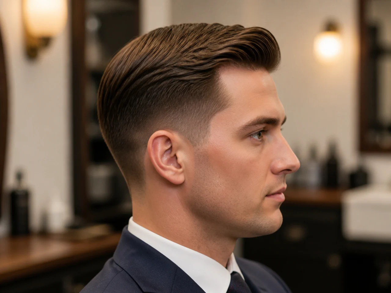 Comb over with low taper — traditional business hairstyle on medium brown hair
